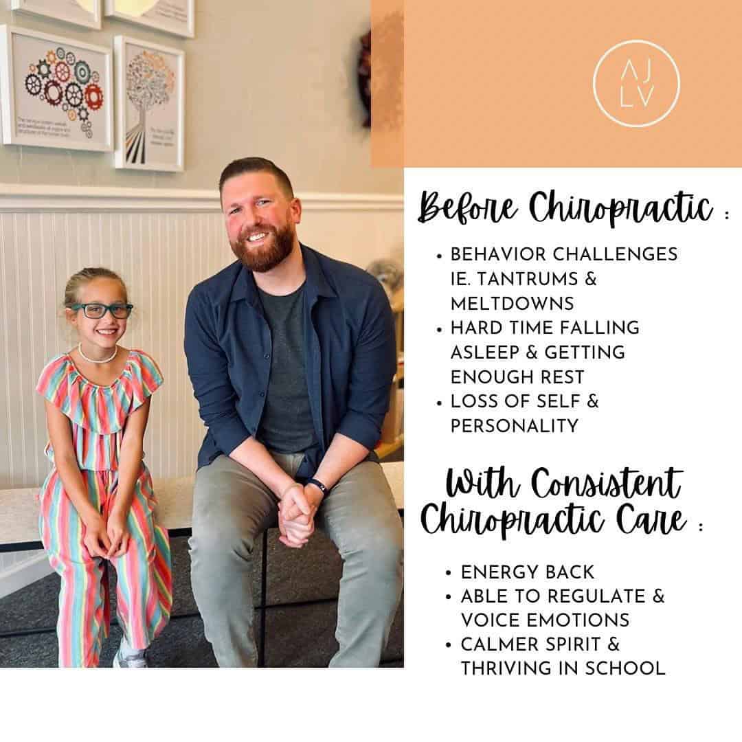 Photo of a chiropractor and his child client sitting on a bench in the office next to a list of benefits for chriopractic care